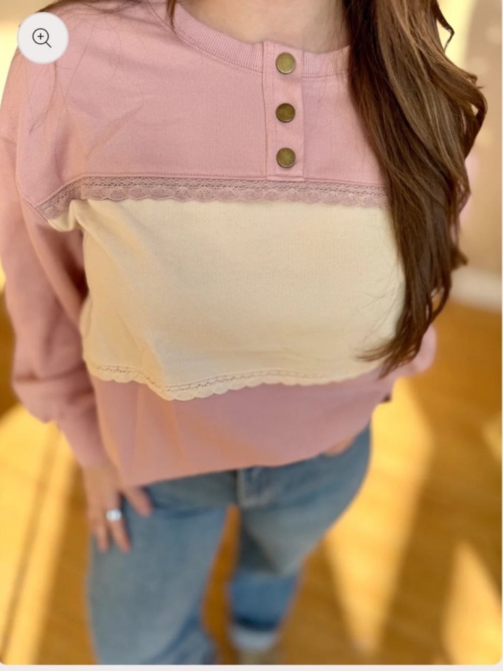 Altar'd State Pink and Cream Lace-Trim Henley Sweatshirt